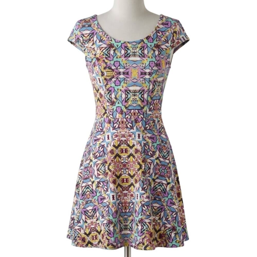 Y2K Xhilaration Dress M Purple Yellow Green Short Sleeve Bow Back Retro